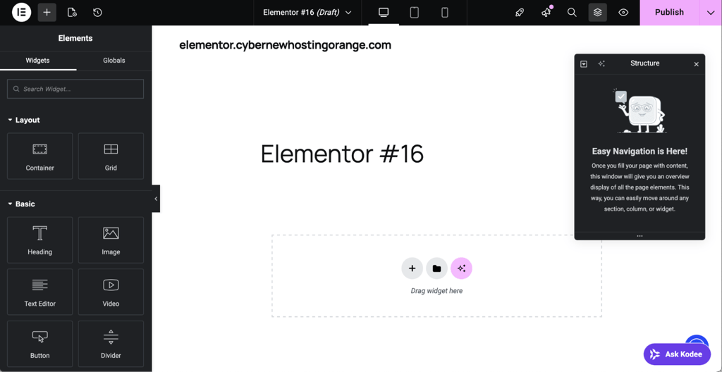 Elementor visual editor with drag and drop widgets panel