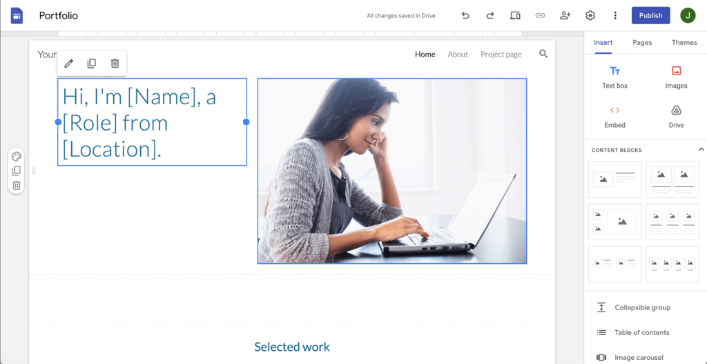 Google Sites editor with drag and drop content blocks and layout options