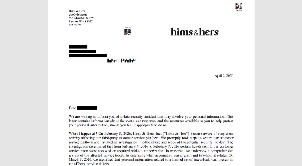 Hims Hers breach letter