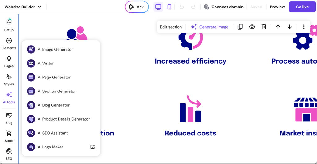 Hostinger AI tools panel with built in generators and editor
