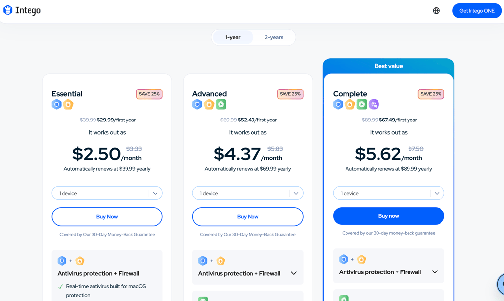 Intego pricing plans