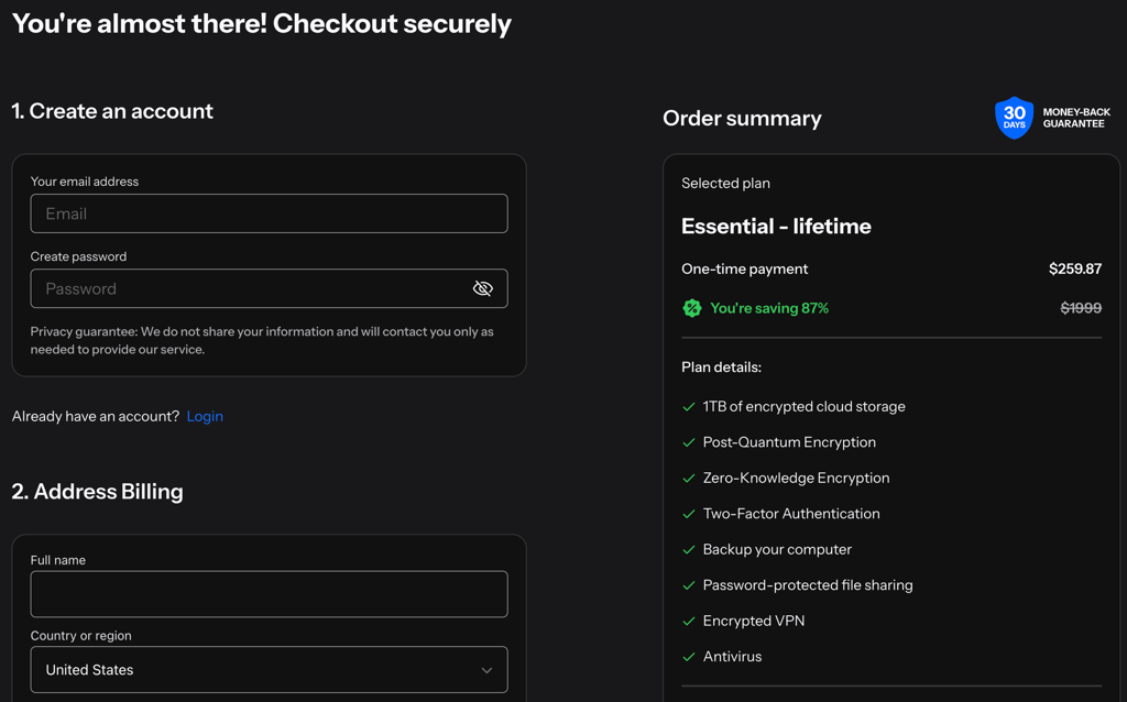 Internxt checkout page