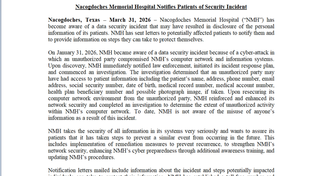 Nacogdoches Memorial Hospital breach notice