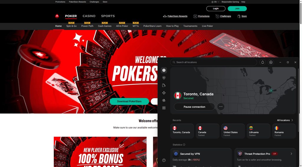NordVPN connected to legal PokerStars Canada server