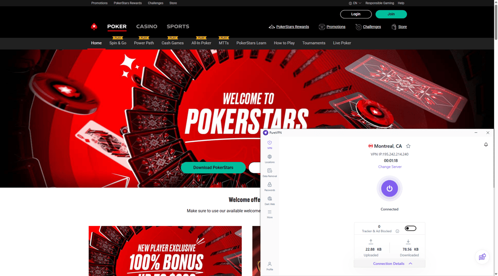 PureVPN unblocks PokerStars connected to a server in Montreal