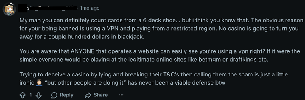 Reddit comment about VPN usage on Rainbet
