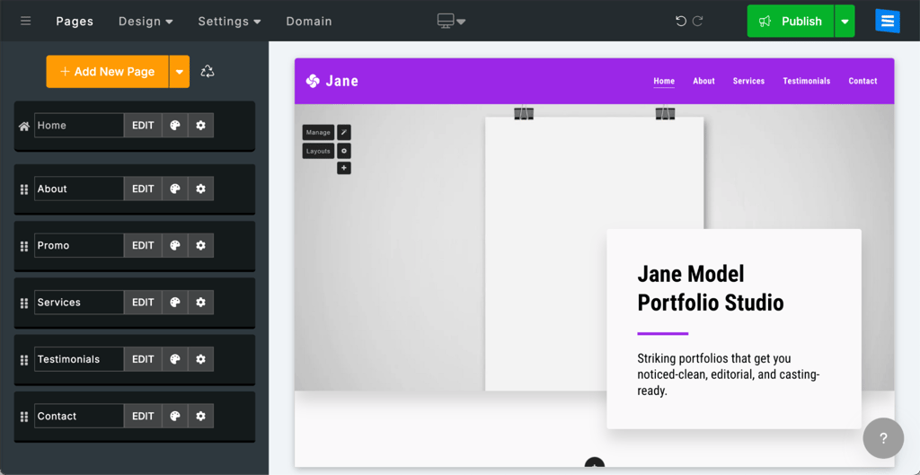 SITE123 editor with guided layout and page management panel