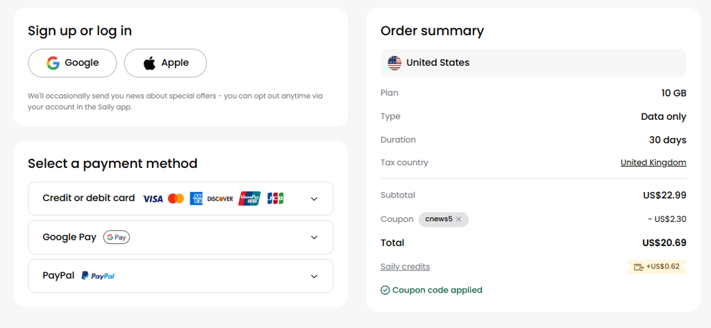 Saily discount code checout