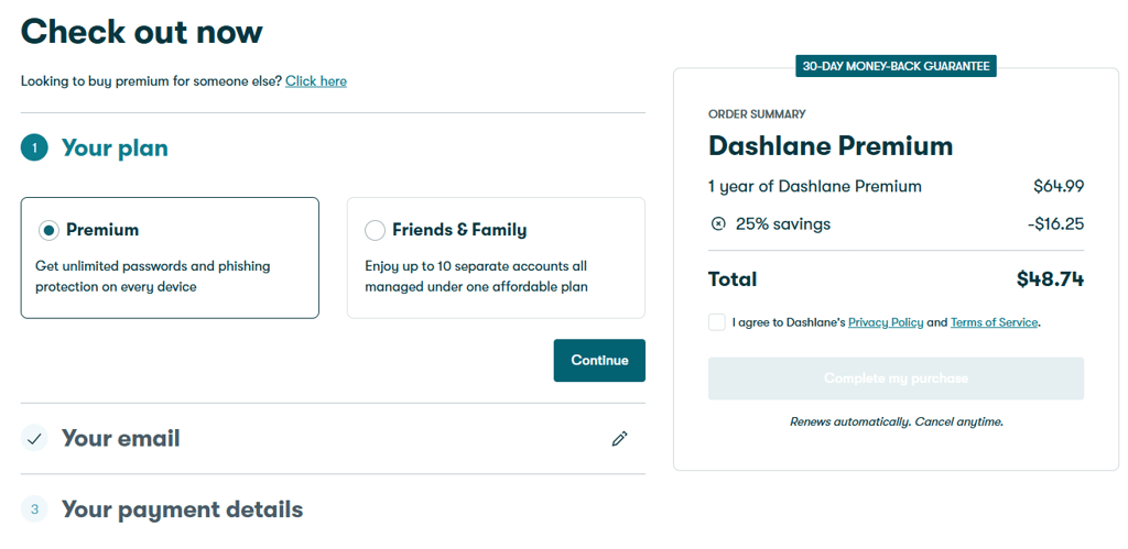 Dashlane Premium checkout