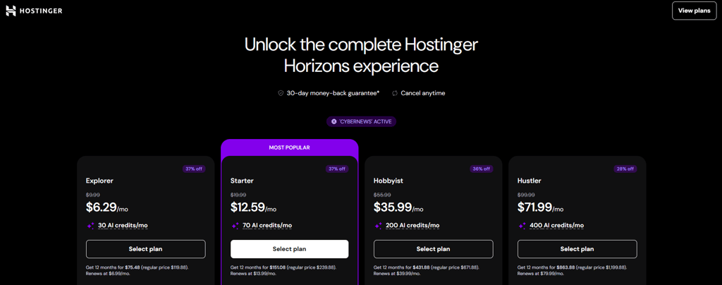 Hostinger Horizons plans