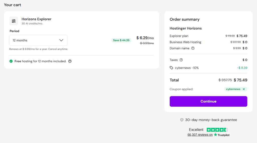 Hostinger Horizons checkout page