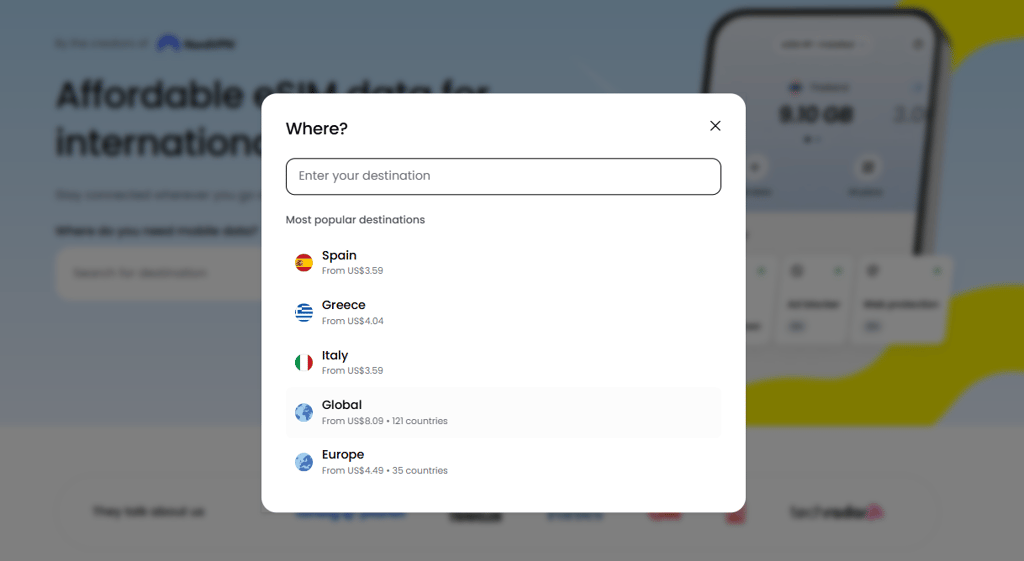 Search for Saily eSIM destination