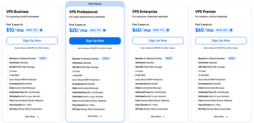 Selection of DreamHost VPS plans