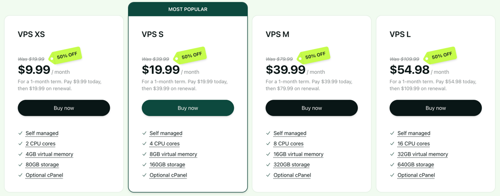 Selection of hosting com VPS plans