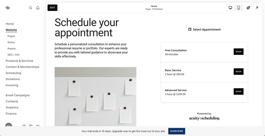 Squarespace scheduling page with appointment booking interface