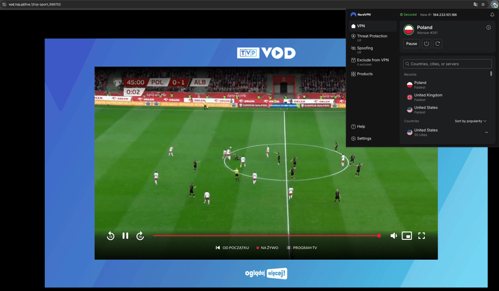 TVP Sport via TVP VOD with NordVPN