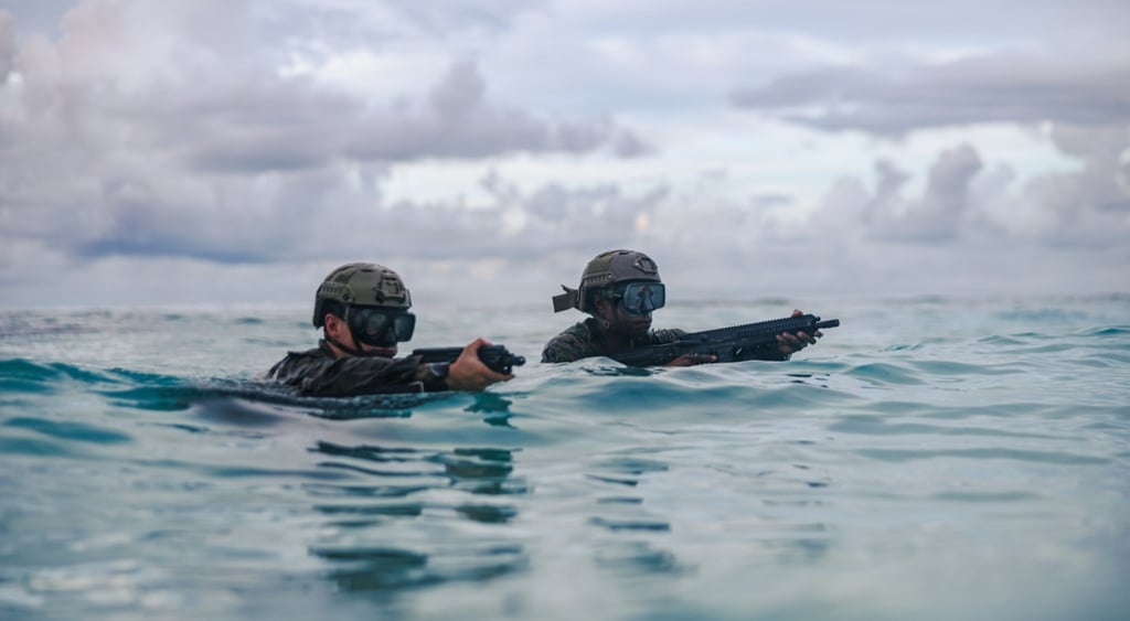 two US marines in water, grey cloudy sky, black and white males, pointing guns, dark green helmets