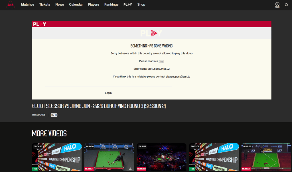 WST Snooker Livestream, Error Message