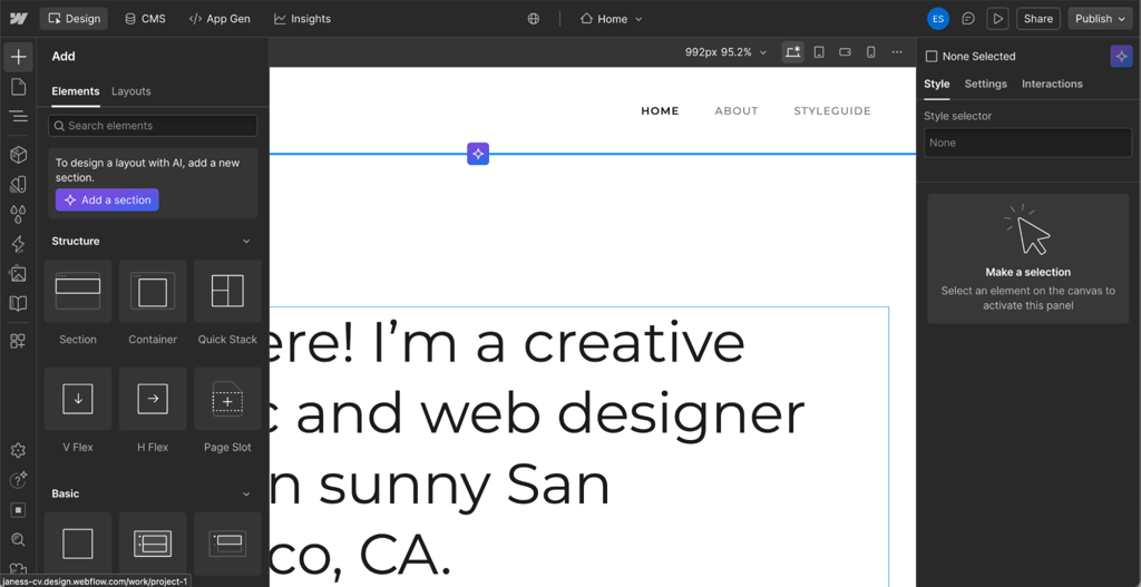 Webflow designer interface with visual layout and styling tools