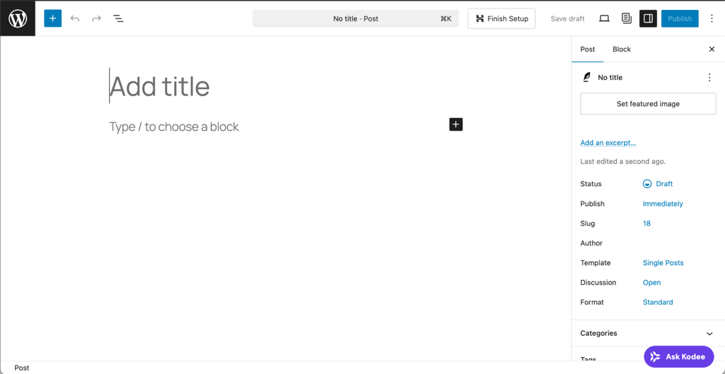 WordPress block editor interface for creating and publishing posts
