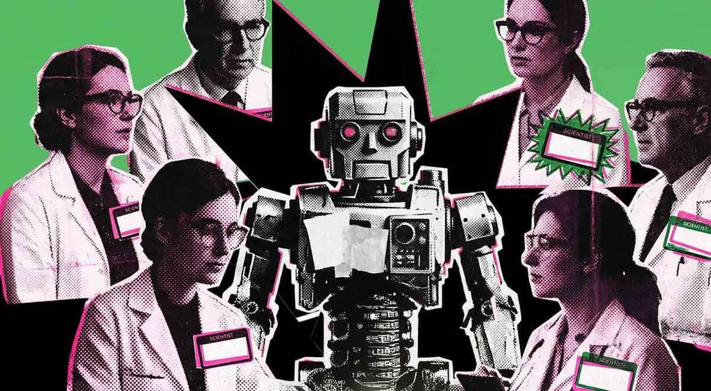 grey robot surrounded by six scientists with name tags, one name tag stands out, green, black