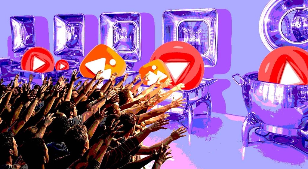 crowd of people reaching for a purple stage buffet with youtube logo