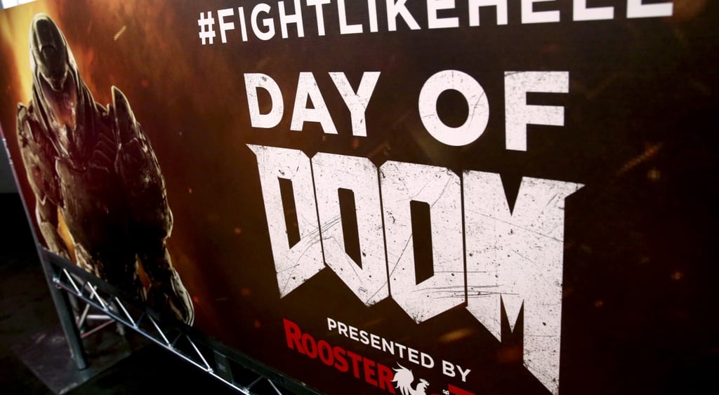 day of doom poster, white letters, dark red and brown poster with fighter on the left