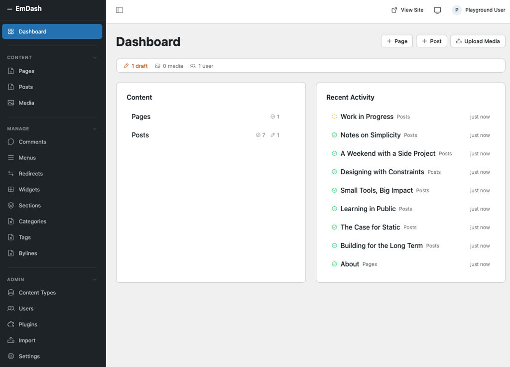 emdash admin panel