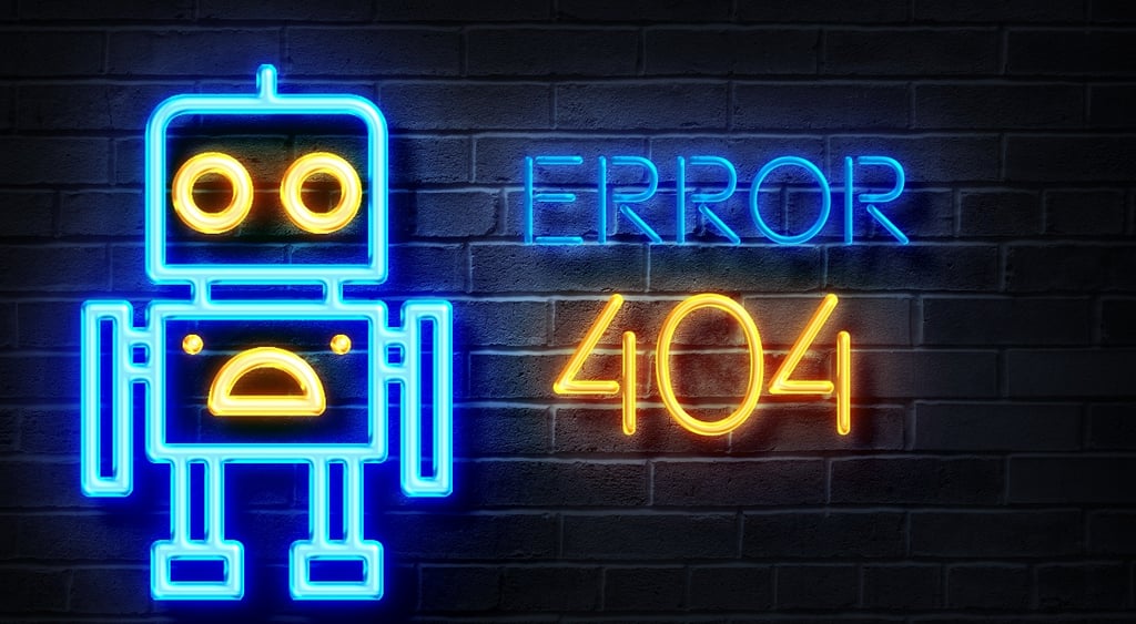 error 404 sign in blue and yellow, baby blue robot, yellow round eyes