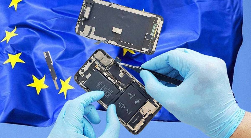 Two hands wearing gloves are repairing a phone, the EU flag on the background
