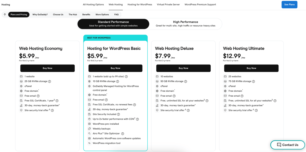 godaddy domain hosting plans