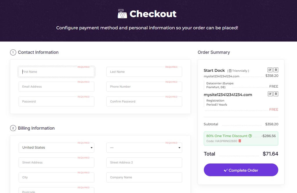 HostArmada hosting checkout page
