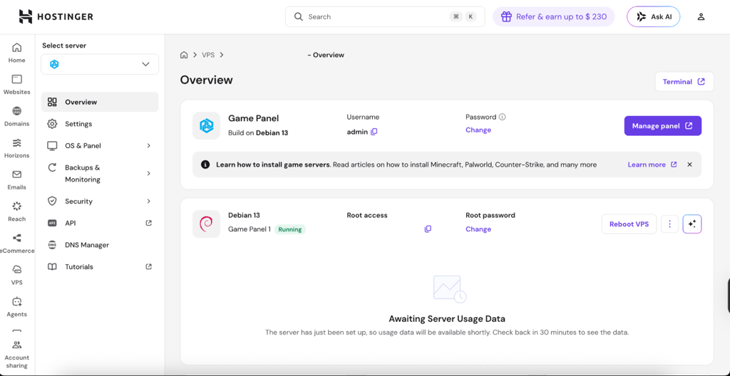 Hostinger VPS Game Panel management