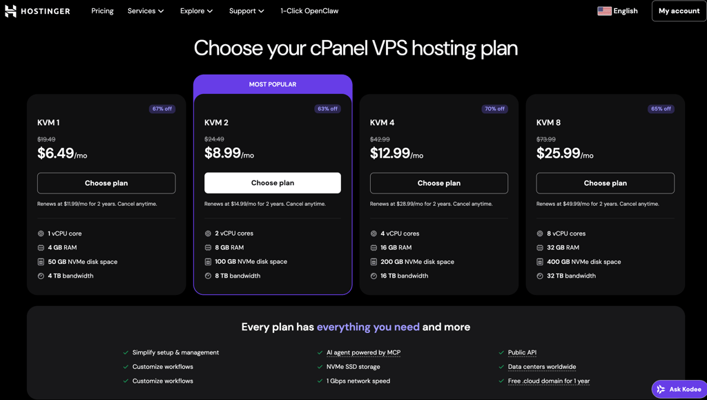 hostinger cpanel vps pricing