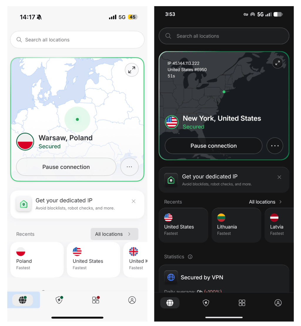 NordVPN mobile interface Android and iOS