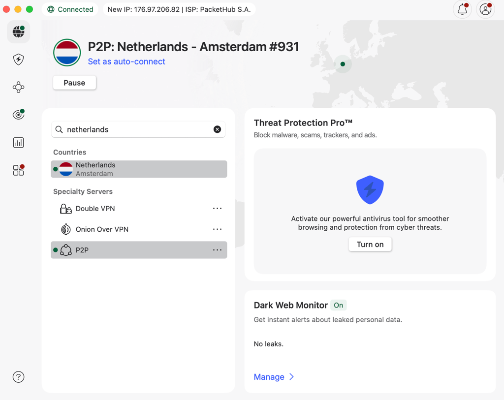 NordVPN connected to a server in the Netherlands