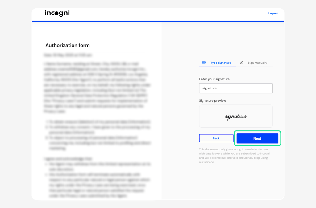 incogni sign authorization form