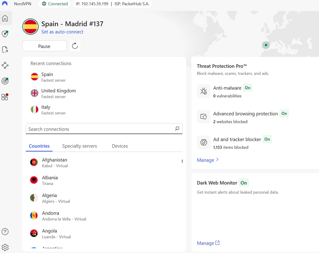 launching nordvpn with spanish server