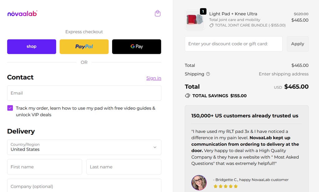Novaalab checkout page