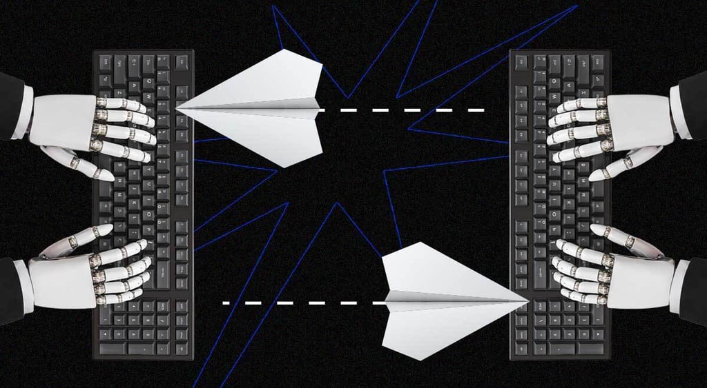 human hands on two keyboards sending paper planes to each other, black and white.