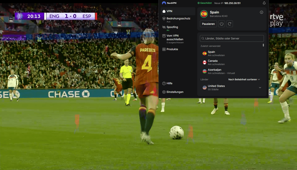 RTVE Play Logo, female football player, VPN