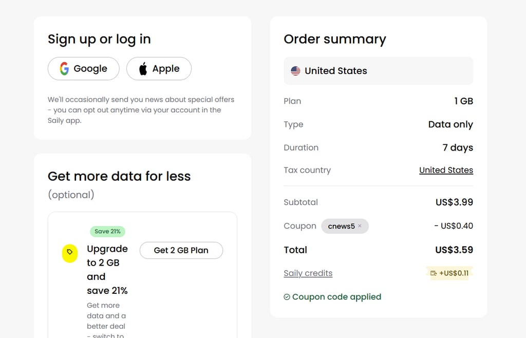 Saily eSIM order summary