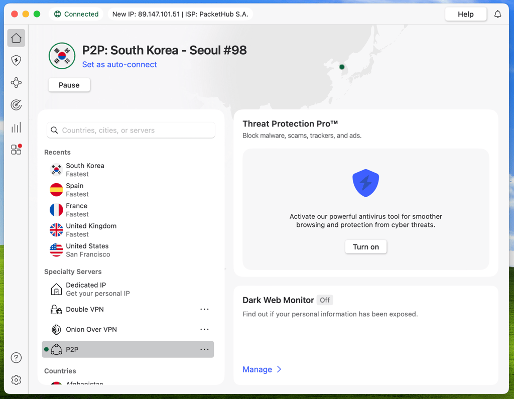 Connecting NordVPN to a South Korean server