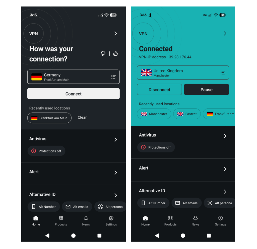 Surfshark mobile interface