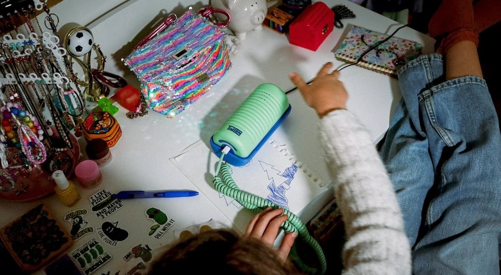 Tin Can landline phone in green and blue in a room with a girl