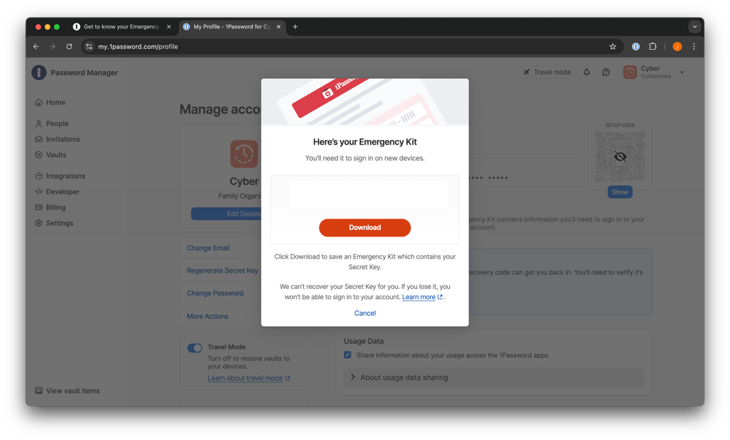 1Password emergency kit