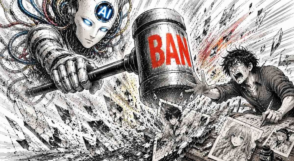 Manga style depiction of Ai hammering down on artistic rights.