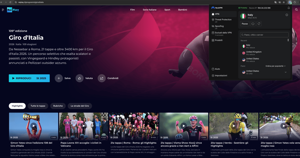 Il Giro d'Italia su RaiPlay dall'estero con una VPN