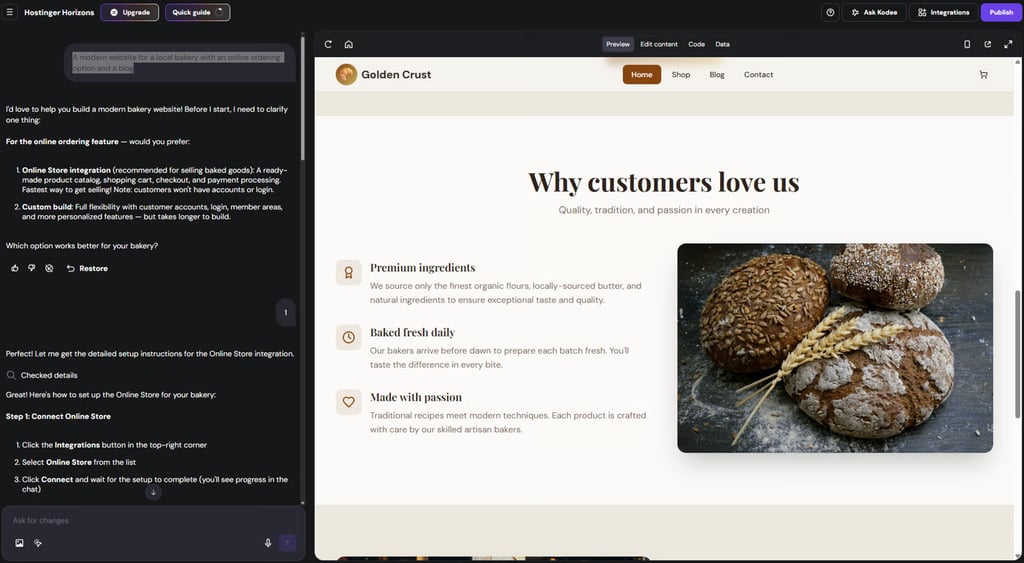 Hostinger Horizons interface new