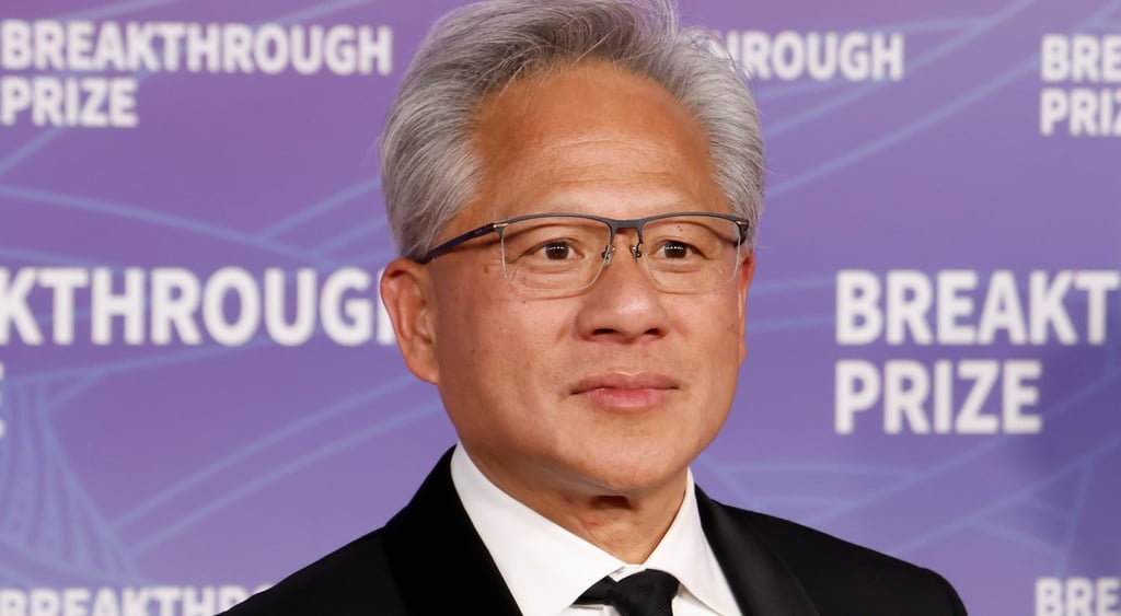 Jensen Huang, close up, tanned brown face, purple photo wall, black tux, black tie, white shirt